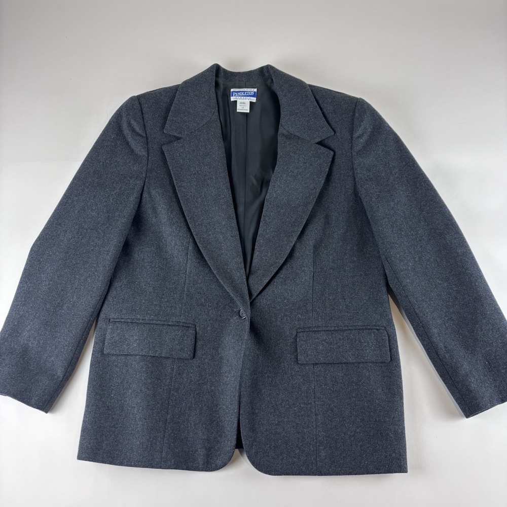 VTG Pendleton Women's Size 12 Gray 100% Wool Blazer Jacket Career One Button
